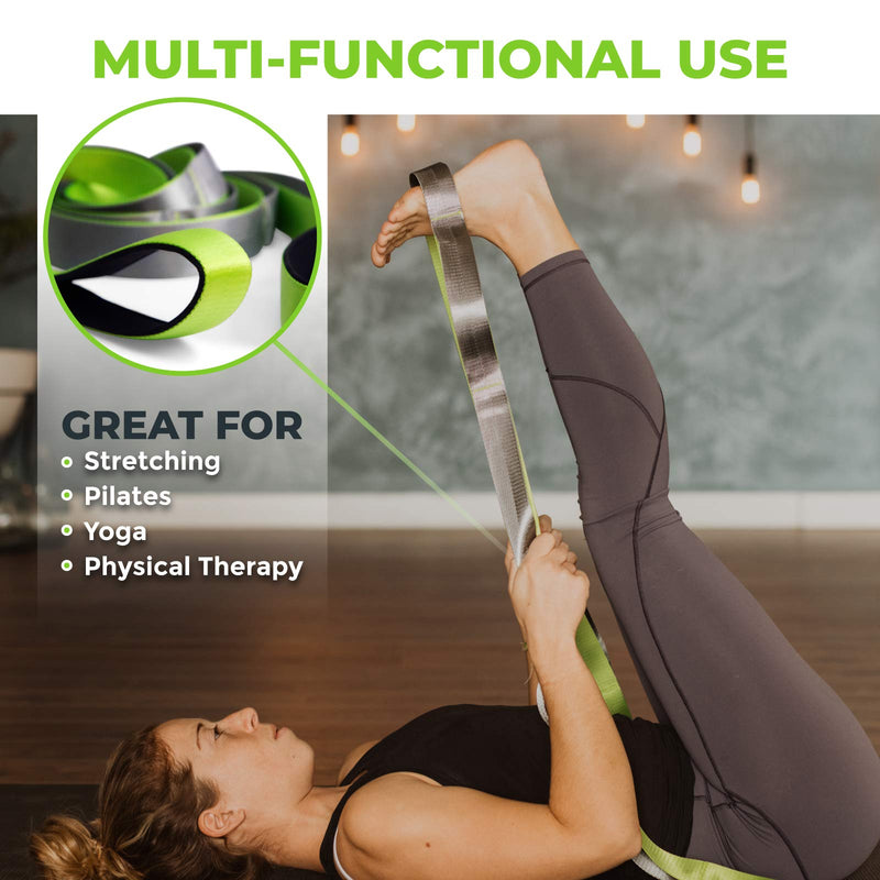 [Australia - AusPower] - Gradient Fitness Stretching Strap for Physical Therapy, 12 Multi-Loop Stretch Strap 1.5" W x 8' L, Neoprene Handles, Physical Therapy Equipment, Yoga Straps for Stretching, Leg Stretcher Green/Grey 