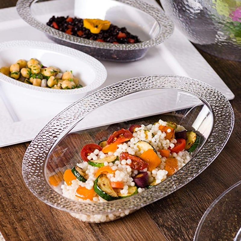 [Australia - AusPower] - Lillian Tablesettings Plastic Oval 7 oz. | Pearl Pebbled | Pack of 10 Party Bowls, White (38592) 