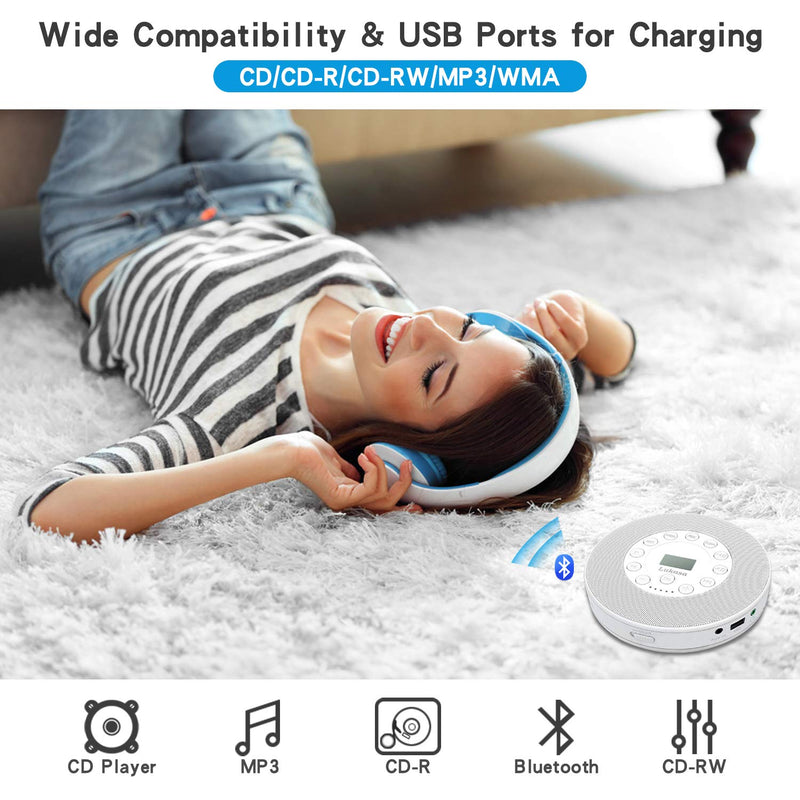 [Australia - AusPower] - Rechargeable Portable Bluetooth CD Player, Lukasa Compact Music CD Disc Player for Car/Home/Travel, Home Audio Boombox with Stereo Speaker & LCD Display, Support CD USB AUX Input, 2000mAh(White) White 
