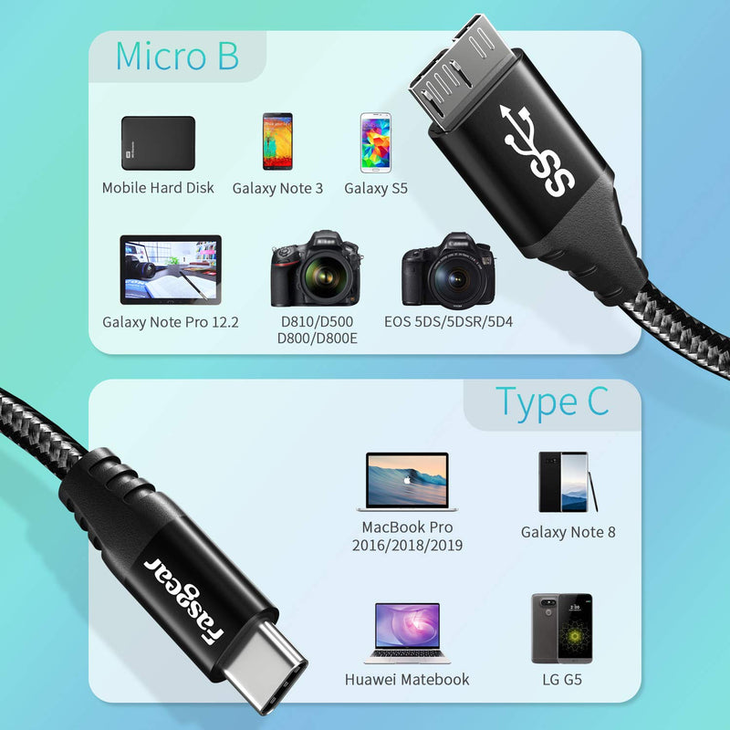 [Australia - AusPower] - USB C to Micro 3.0 Cord, 1 Pack Fasgear Nylon Braided Metal Connector Type C 3.0 to Micro B Cable 3ft, Fast Charge Sync Compatible with Toshiba Canvio, Westgate, Seagate, Galaxy S5 Note 3, etc Gray 