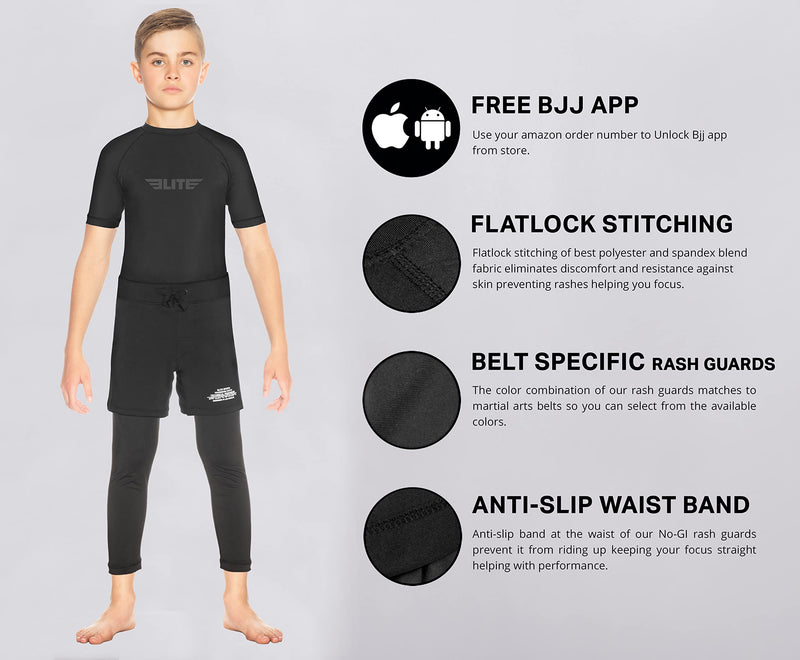 [Australia - AusPower] - Elite Sports Rash Guards for Boys and Girls, Short Sleeve Compression BJJ Kids and Youth Rash Guard Black Small 