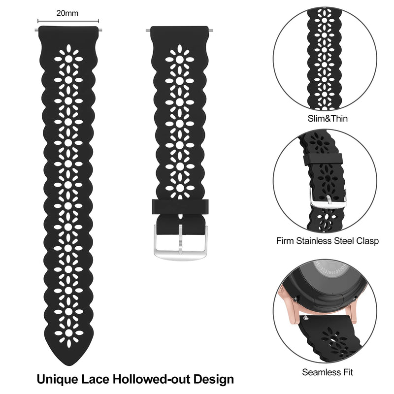 [Australia - AusPower] - Lace silicone Band 20mm Compatible for Samsung Galaxy Watch 4 40mm 44mm/Watch 3 41mm/Active 2 Watch Bands 40mm 44mm/Watch 4 Classic 42mm 46mm,Slim Bands Soft Smartwatch Strap for Women Black 