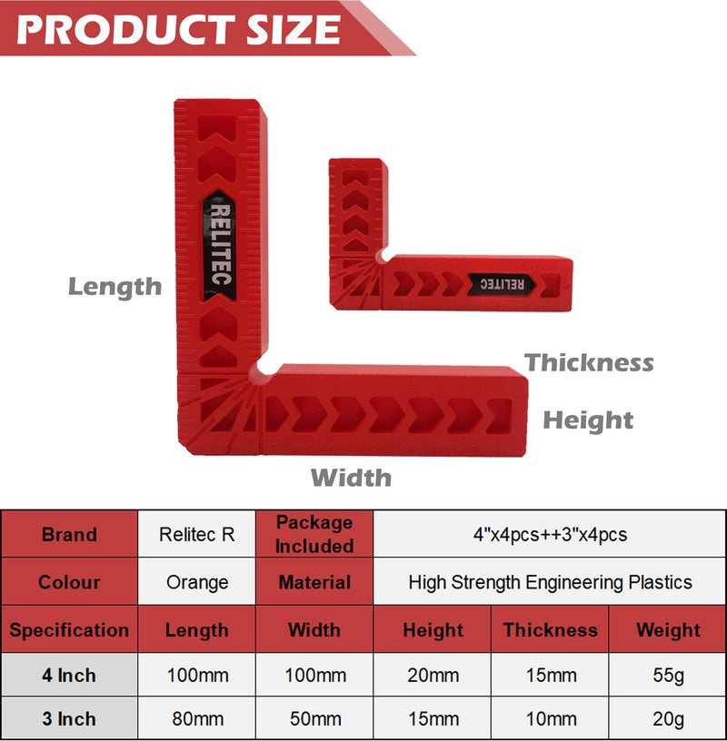 [Australia - AusPower] - Relitec R Positioning Squares, 90 Degree Corner Clamp, Right Angle Clamp Woodworking Tool, Carpentry Squares, Carpenter Tool for Picture Frames, Cabinets or Drawers, Set of 8?3" 4"? 4PCS 3'' + 4PCS 4'' 
