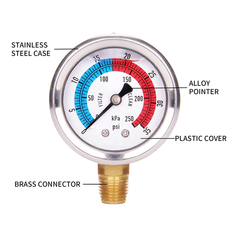 [Australia - AusPower] - Watflow 2" Dial Pool Filter Pressure Gauge, Glycerine Filled Pressure Gauge, Water Pressure Gauge, 304 Stainless Steel Case,1/4" NPT Lower Mount 2"SS Lower 