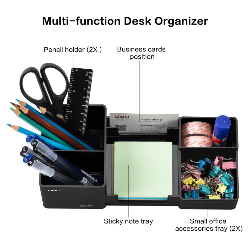 [Australia - AusPower] - Deli Desk Organizer, Plastic Desktop Organizer with Pencil Holder and Sticky Note Tray, Office Stationery Supplies Organizers Accessories Caddy, 6 Compartments, Black 