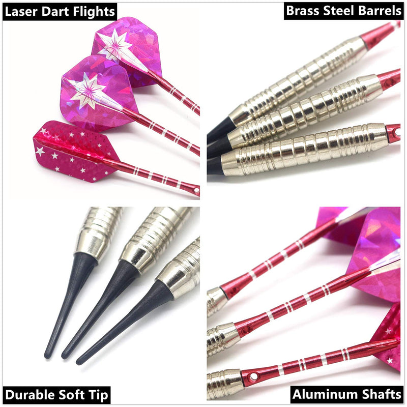 [Australia - AusPower] - ROOBEEO Soft Tip Darts Set for Electronic Dart Board 18/22g Plastic Tip Darts Set with Brass Barrels&Aluminum Shafts, 6 Flights 3 Spare Plastic Dart Shaft 20 Soft Tips Portable Case 18g-Silver&Pink 