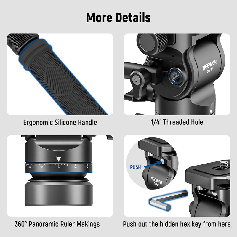[Australia - AusPower] - NEEWER Tripod Fluid Head with +/-10° Leveling Base(37mm Dia.), Metal Pan Tilt Head with Arca Type QR Plate, Telescopic Handle for Compact Video Camera DSLR Camera, Max Load 8.8lb/4kg, GM27 