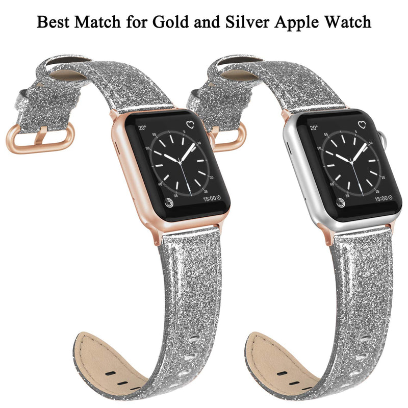 [Australia - AusPower] - SWEES Leather Band Compatible for iWatch 41mm 40mm 38mm, Genuine Leather Replacement Strap Rose Gold Buckle Compatible iWatch Series 7 6 5 4 3 2 1, Sports & Edition Women Glitter Light Black 