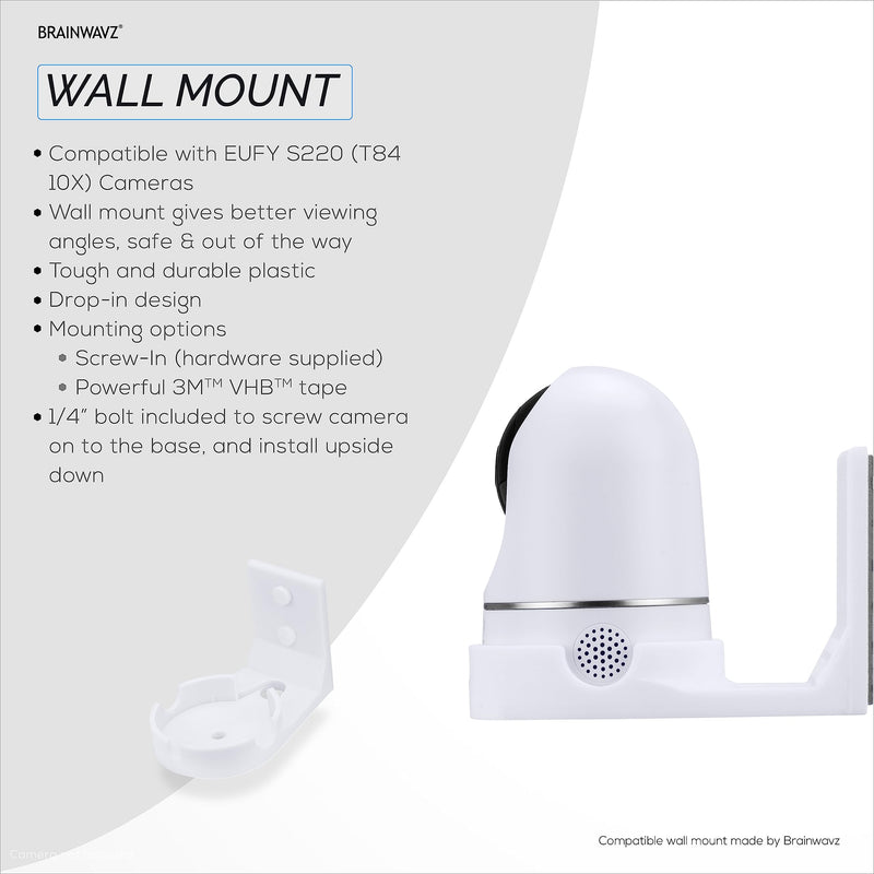[Australia - AusPower] - Wall Mount Compatible for Eufy S220 Indoor Camera (T84 10X), Adhesive Security Camera Holder Bracket, Reduce Blind Spots & Clutter, Adhesive & Screw-in Mounting - Easy to Install (White) 