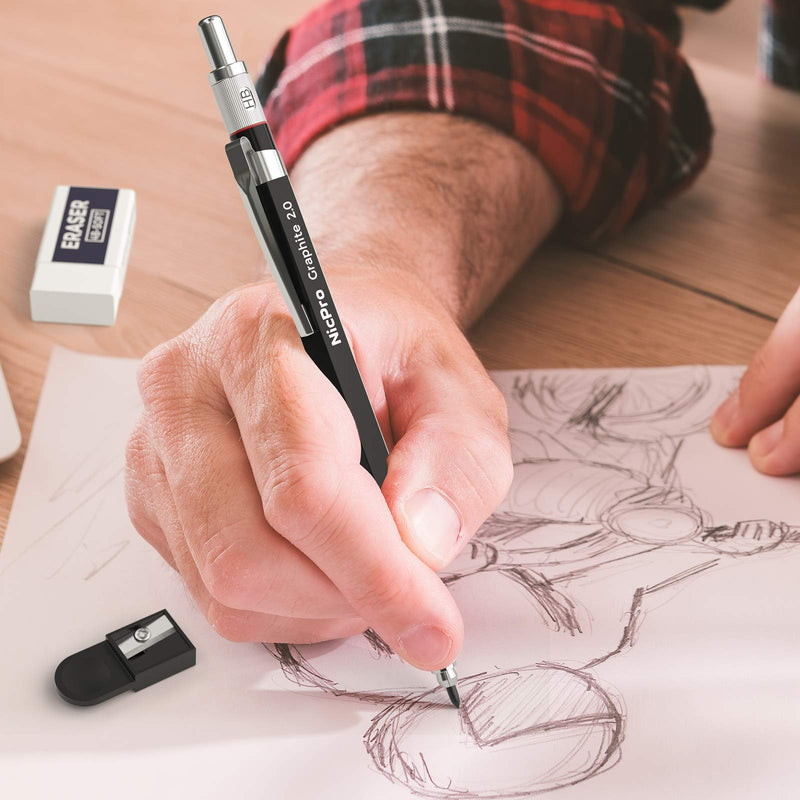 [Australia - AusPower] - Nicpro 2.0 mm Mechanical Pencil Set, Artist Metal Lead Holder Carpenter pencils with Graphite Lead Refill HB, 2H, 4H, 2B, 4B, Eraser, Sharpener for Draft Drawing, Writing, Shading, Art Sketching 1 