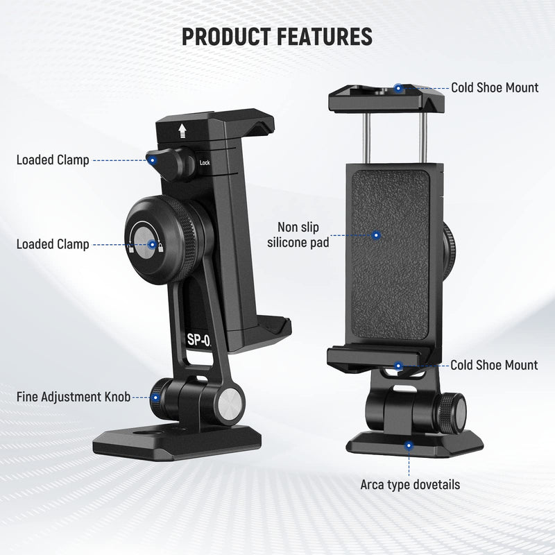 [Australia - AusPower] - NEEWER Phone Tripod Mount Adapter, Aluminum Phone Holder Clamp with Cold Shoe, 1/4" 3/8" Thread, Arca Type Base, 360° Pan 180° Tilt, Compatible with iPhone 14 13 Pro Max Mini X Xs Galaxy S23, SP-02 