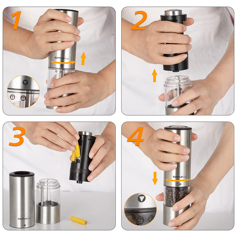 [Australia - AusPower] - SIMPLETASTE Electric Pepper Grinder Mill, Salt and Pepper Grinder Set with Automatic Operation and Adjustable Coarseness, Battery Operated, Stainless Steel, Set of 2 