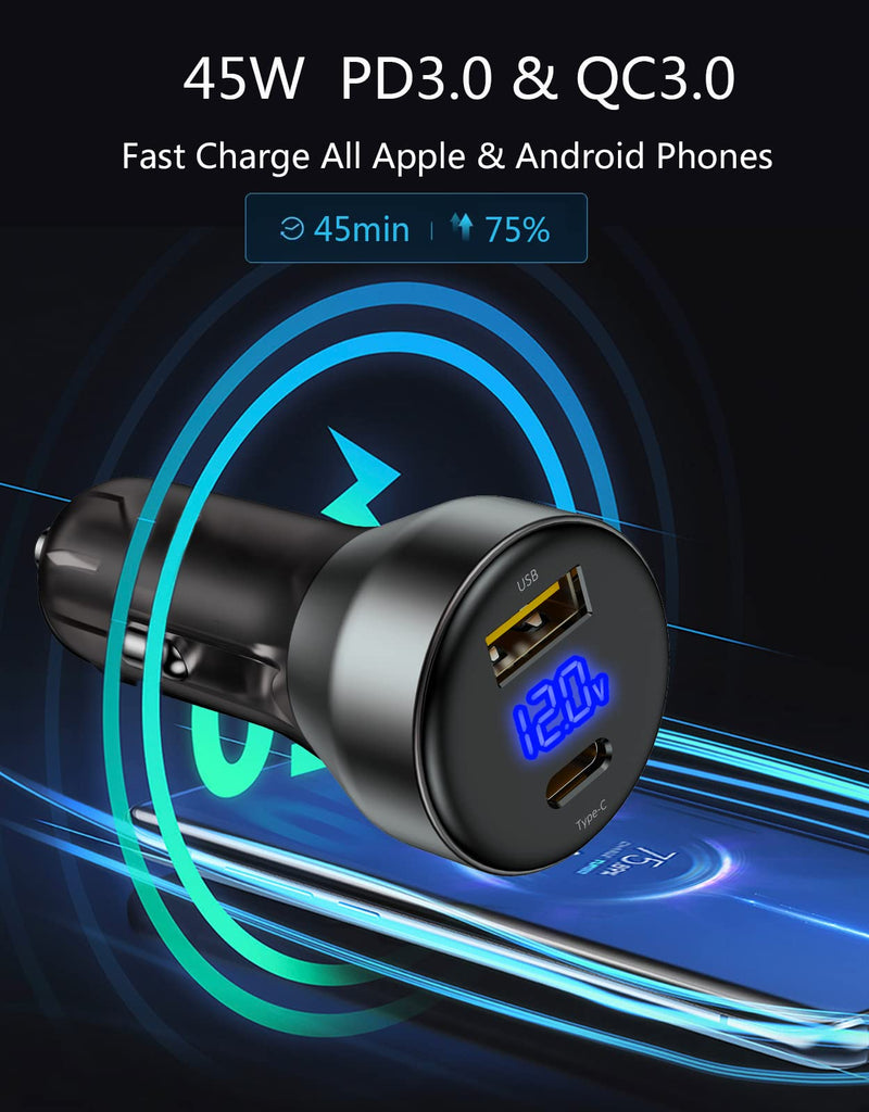[Australia - AusPower] - Car Charger Adapter, 45W QC 3.0 Fast Charging Type C Fast Car Charger, Dual Port Quick Car Charger [Amps Volts LED Display] PD 3.0 for iPhone/Samsung/Pixel/iPad Pro 
