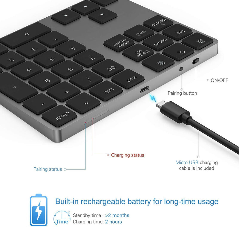[Australia - AusPower] - Bluetooth Number Pad, Lekvey Aluminum Rechargeable Wireless Numeric Keypad Slim 34-Keys External Numpad Keyboard Data Entry Compatible for Macbook, MacBook Air/Pro, iMac Windows Laptop Surface Pro etc Bluetooth - Black 