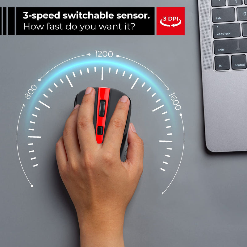 [Australia - AusPower] - ShhhMouse Silent Wireless Mouse for Laptop - Optical Cordless Computer Mice with USB – Quiet Click, 3 DPI Levels of Sensitivity, Side Buttons - Portable for PC, Chromebook [Black & Red] Black & Red 