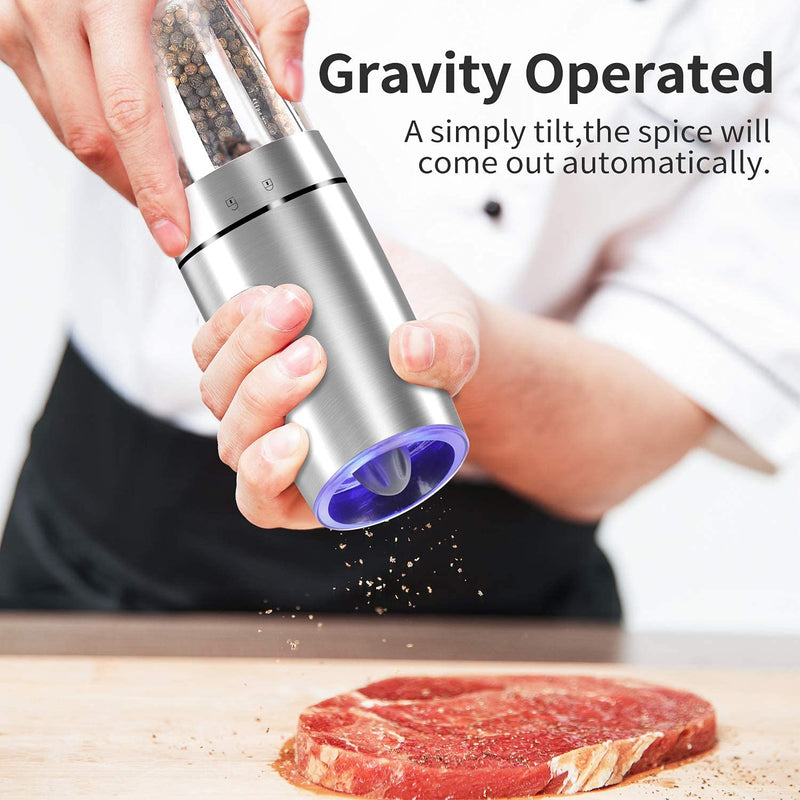 [Australia - AusPower] - Electric Gravity Pepper Grinder set of 2, Automatic Salt and Pepper Mill Grinder, Adjustable Roughness, Battery Powered, Blue LED Light, Stainless Steel with One Hand Operation (Sliver 2 pack) Silver 2X 