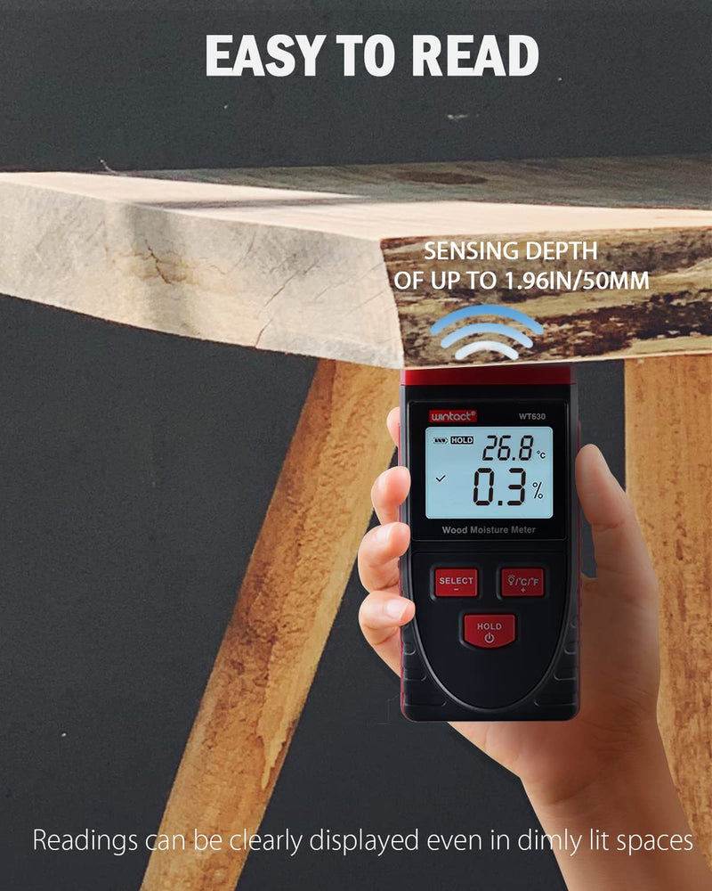 [Australia - AusPower] - Wintact Pinless Digital Wood Moisture Meter, Measure Range 0.5~79.50% Handheld LCD Wood Moisture Tester Non-Damaging Gauge Detects up to 3/4 Inch (50mm) for Firewood House Furniture Floors 