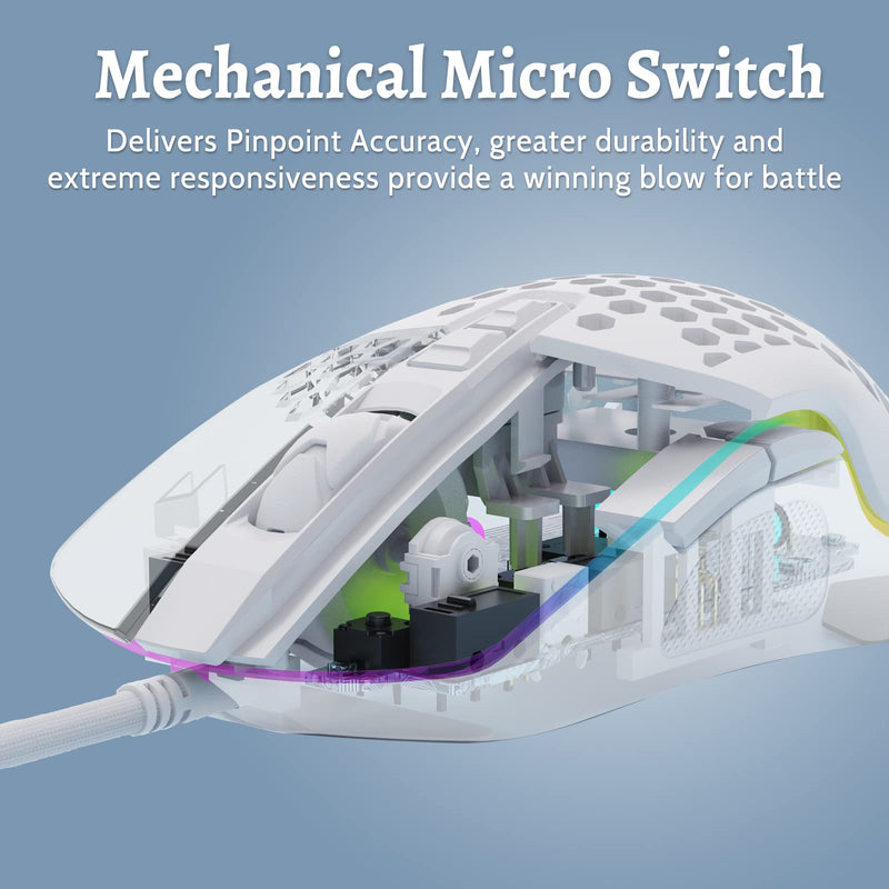 [Australia - AusPower] - DIERYA Falcon Honeycomb Gaming Mouse, 16000 DPI Optical Sensor, 70g Ultra-Lightweight RGB Backlit Ergonomic Wired Mouse with 7 Buttons Programmable Driver for Windows PC Gamer Designer (White) white 