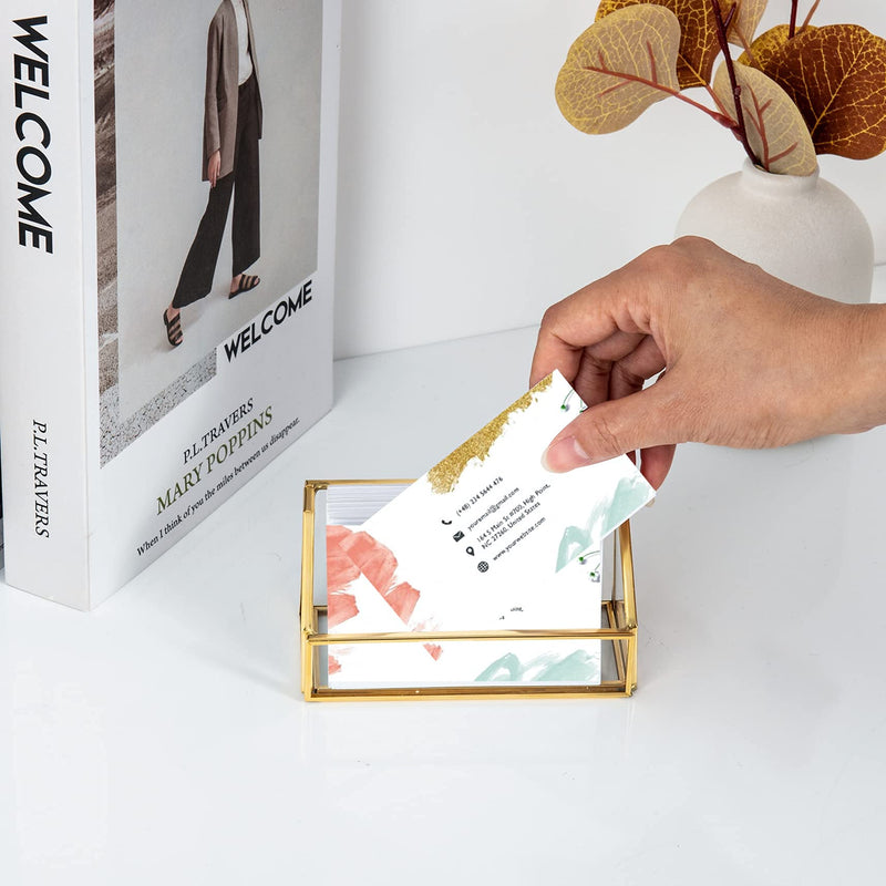 [Australia - AusPower] - Feyarl Glass Business Card Holder Stand Gold Office Name Card Display Business Card Organizer Storage for Office Desktop Countertop 