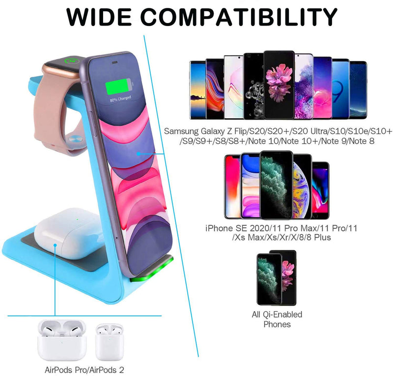 [Australia - AusPower] - Wireless Charger, 3 in 1 Qi Standard Fast Wireless Charging Station Charger Stand Dock for iPhone 13/13 Pro/13 Pro Max/12/12 Pro/12 Pro Max/11/X/8,Apple Watch Series 7/6/SE/5/4/3/2,AirPods 2/Pro/3 Blue 