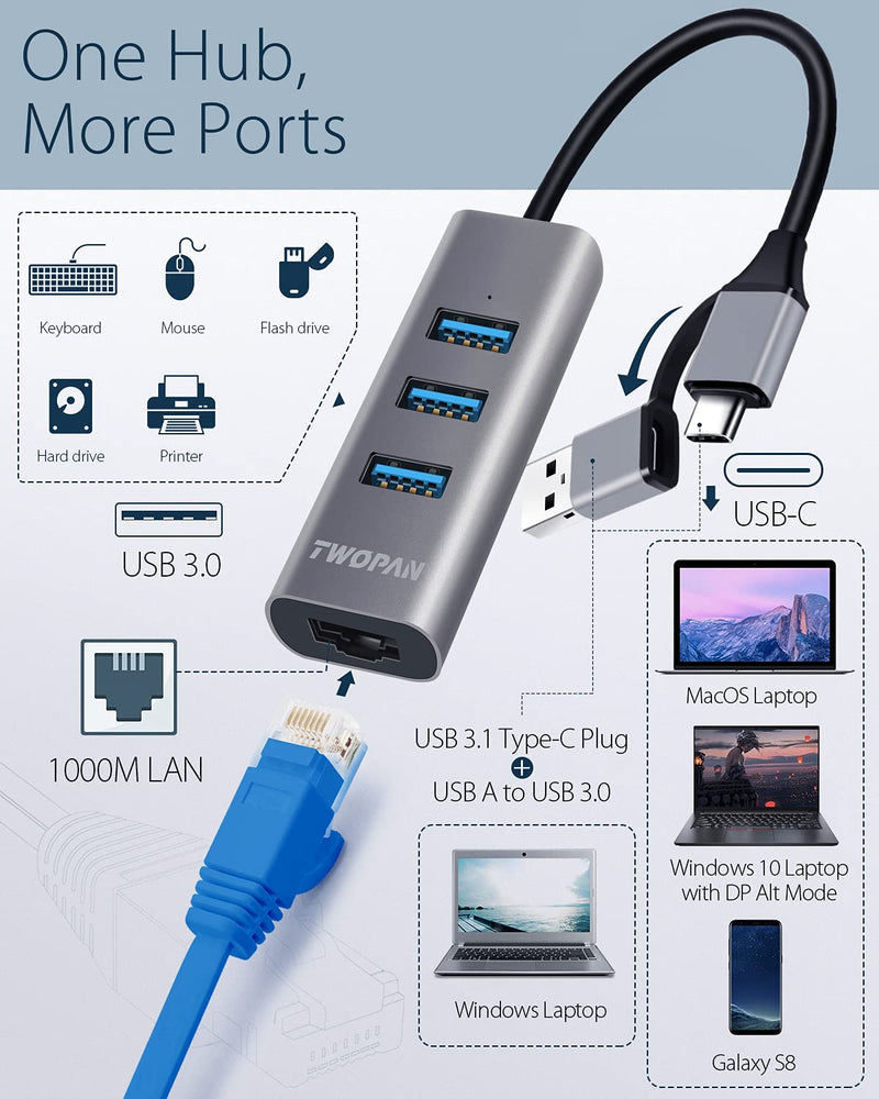 [Australia - AusPower] - TWOPAN USB 3.0 Hub Ethernet, Aluminum USB to Ethernet Adapter, 4-Port USB Hub Network RJ45 10/100/1000 Gigabit, Compatible with 24 inch iMac 2021, MacBook Pro/Air, Chromebook, Pixelbook, Yoga, XPS 