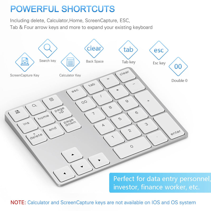 [Australia - AusPower] - Bluetooth Number Pad, Lekvey Aluminum Rechargeable Wireless Numeric Keypad Slim 34-Keys External Numpad Keyboard Data Entry for Laptop, MacBook, MacBook Air/Pro, iMac, Windows, Surface Pro - Silver White and Silver 