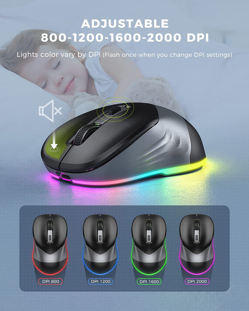 [Australia - AusPower] - Wireless Mouse, Jiggler Mouse for Laptop - LED Mouse Rechargeable Computer Mice Mouse Mover Undetectable Random Movement with On/Off Button Keeps Computer Awake - Black&Grey Black & Grey Mouse 