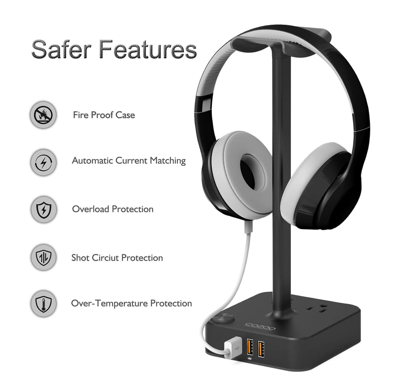 [Australia - AusPower] - Headphone Stand with USB Charger COZOO Desktop Gaming Headset Holder Hanger with 3 USB Charger and 2 Outlets - Suitable for Gaming, DJ, Wireless Earphone Display (Black) 1.Black 