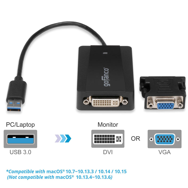 [Australia - AusPower] - gofanco USB 3.0 to DVI Video Graphics Adapter for Multiple Monitors - Up to 2048x1152 for Windows and macOS, DisplayLink Chip, Includes DVI-to-VGA Adapter for VGA Monitor, USB DVI (USB3DVI) USB 3.0 to DVI / VGA 