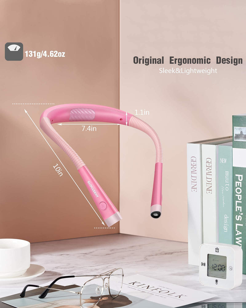 [Australia - AusPower] - Glocusent LED Neck Reading Light, Book Light for Reading in Bed, 3 Colors, 6 Brightness Levels, Bendable Arms, Rechargeable, Long Lasting, Pink, Perfect for Reading, Knitting, Camping, Repairing 