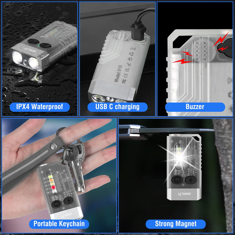 [Australia - AusPower] - BORUIT V10 Small Powerful Flashlight with 365nm UV Black Light - Super Bright 1000 LM, USB C Rechargeable LED Keychain Flash Light with COB Side Light, Magnet Buzzer- 12 Modes, IPX4 Pocket Flashlight White 