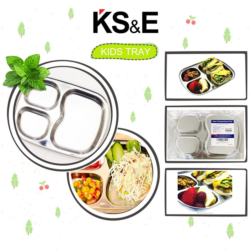 [Australia - AusPower] - Korean Stainless Steel Divided Plates by KS&E, Kids Toddlers Babies Tray, BPA Free, Diet Food Control, Camping Dishes, Compact Serving Platter, Dinner Snack, 3 Compartment Plate Silver, Set of 2 3 Compartments 
