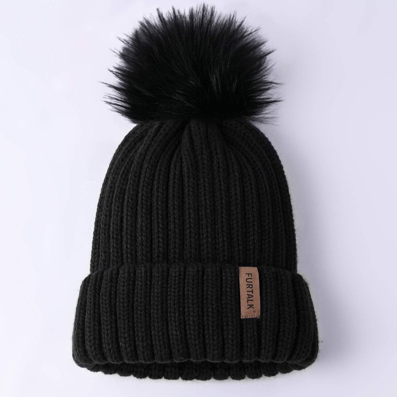 [Australia - AusPower] - FURTALK Womens Winter Knitted Beanie Hat with Faux Fur Pom Warm Knit Skull Cap Beanie for Women… 01-black 