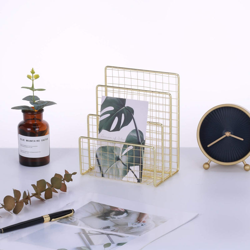 [Australia - AusPower] - Geiornzer 3 Slots Letter Holder, Metal Multifunctional File Holder for Mails, Books, Brochures and Postcards, Desktop Office Organizer Decoration, 5.6” x 3.7” x 7.0” , Gold 