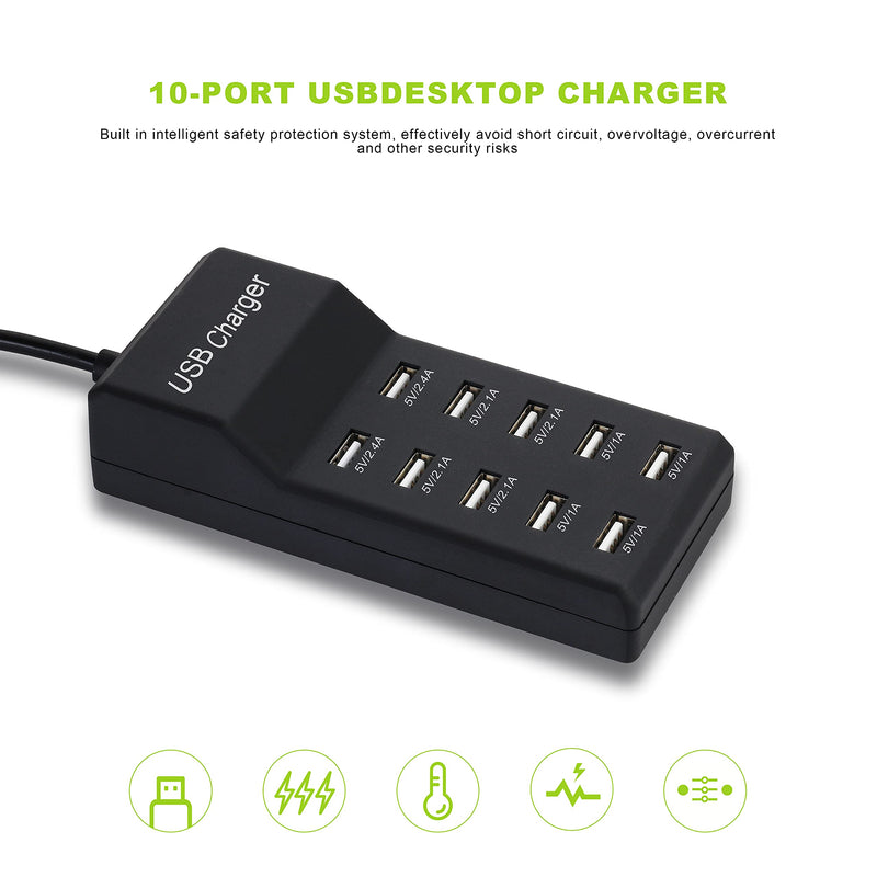 [Australia - AusPower] - Wyssay USB Charger,5V 10A(50W) USB Charging Station with 10-Port Family-Sized Smart USB Ports for Multiple Devices Smart Phone Tablet Laptop Computer Black 