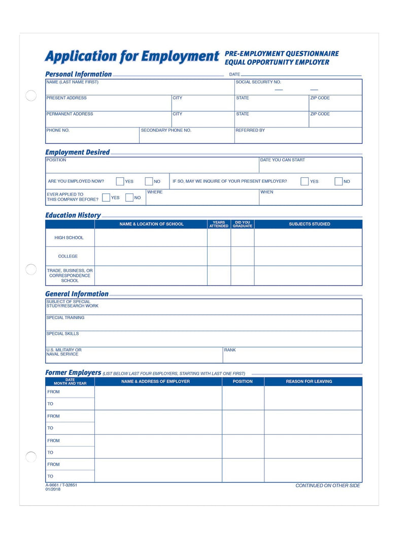[Australia - AusPower] - Adams Applications for Employment, 8.5 x 11 Inch, 3-Hole Punched, 50-Sheets/Pack, 2-Pack, White (9661) 