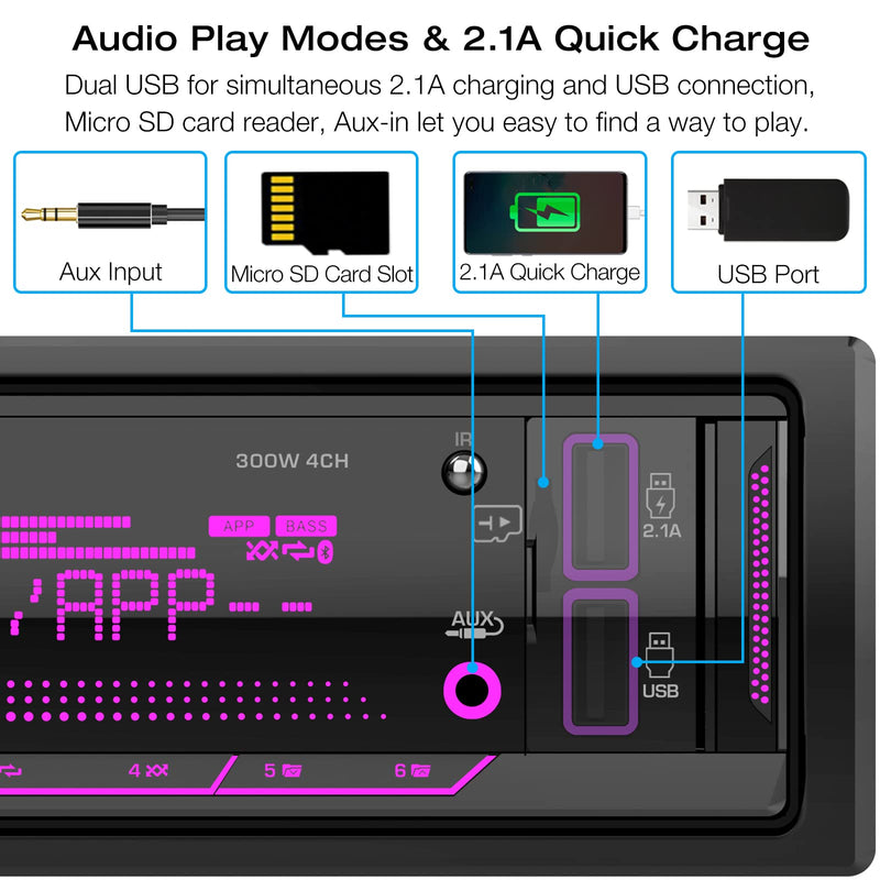 [Australia - AusPower] - Single Din Stereo Marine Radio: Bluetooth Car Audio Receivers with Digital LCD Display | FM AM Car Radio | USB/SD/AUX/MP3 Player | 2.1A Quick Charge | APP Remote 