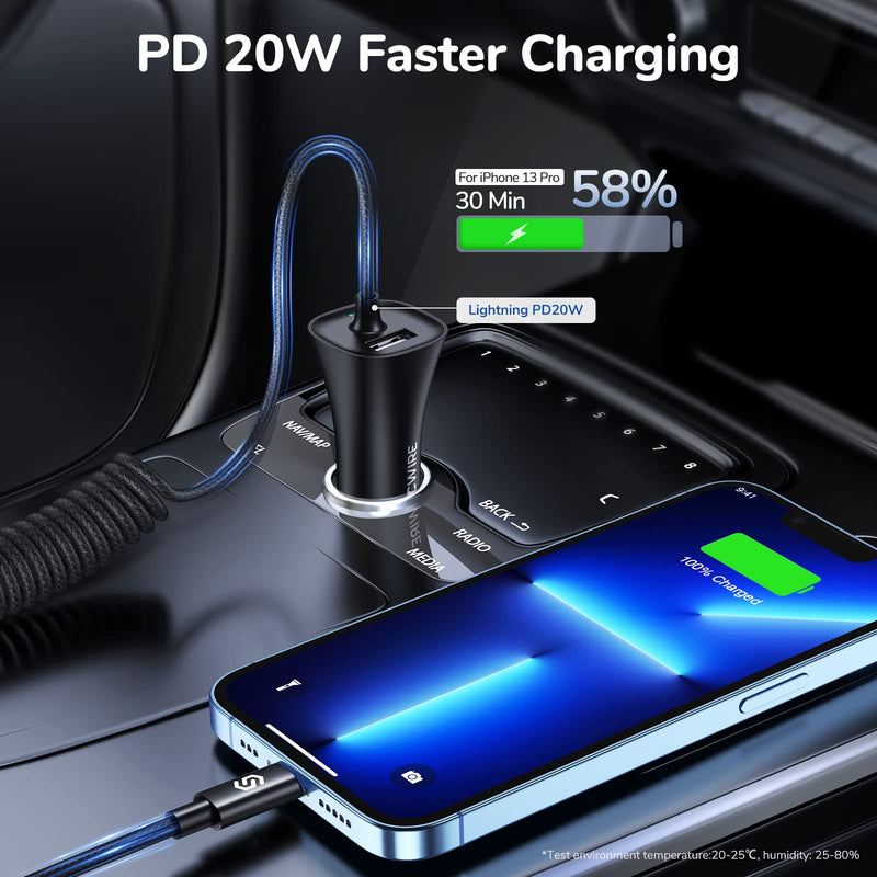 [Australia - AusPower] - [Apple MFi Certified] Syncwire iPhone Car Charger 32W - Upgraded 20W Power Delivery Fast Car Charging Adapter with Built-in Coiled Lightning Cable for Apple iPhone 13/12/11/Xs/XS Max/XR/X, iPad & More 