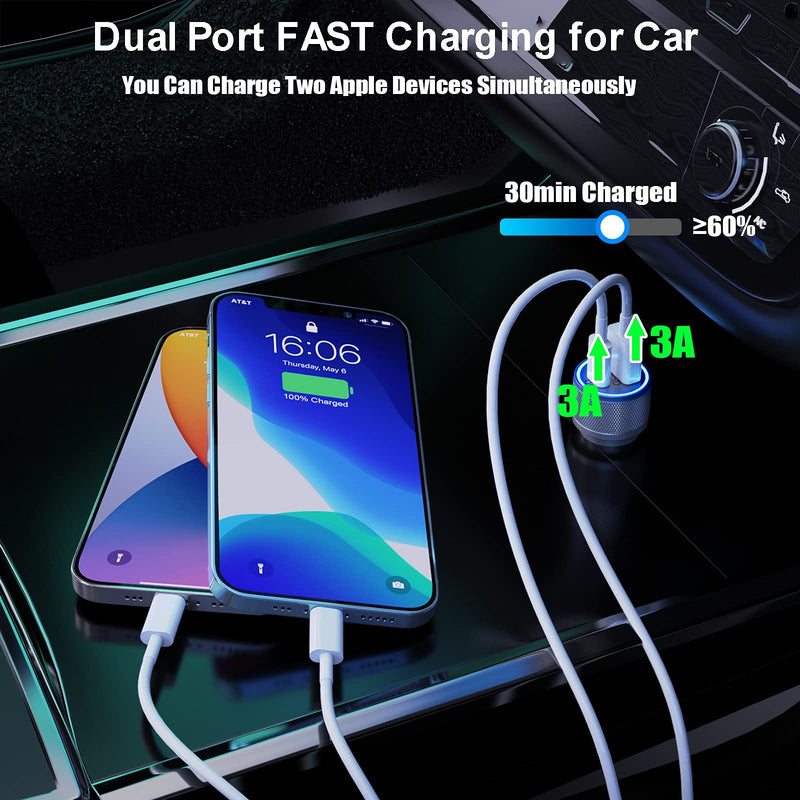 [Australia - AusPower] - [Apple MFi Certified] iPhone Fast Car Charger, Veetone 38W Dual Port USB C Power Delivery All Metal Car Adapter with 2 Pack Lightning Cable, PD/QC 3.0 Type C Rapid Car Charging for iPhone/iPad/Airpods Silver 