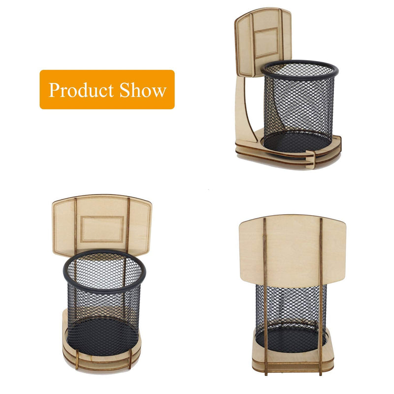 [Australia - AusPower] - GUOZI Creative Pen Pencil Holder, Handmade Wooden Basketball Stand Pencil Organizer, Metal Mesh Pencil Cup for Kids Desk Office Home School Supplies Birthday Christmas Ideal Gift etc. 