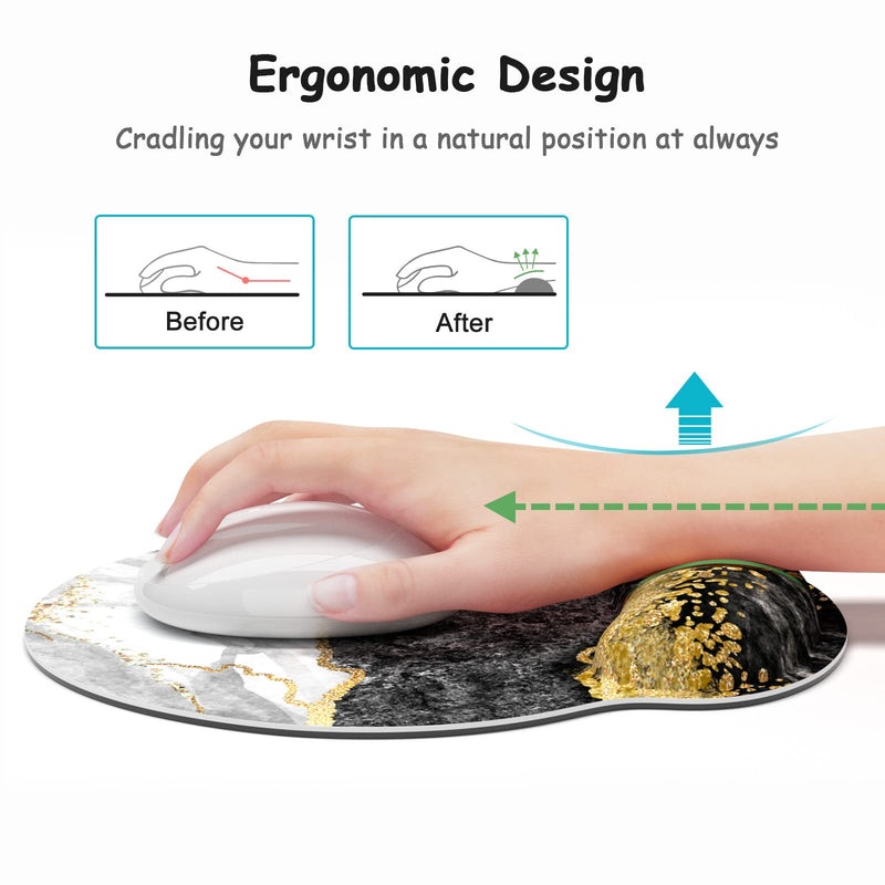 [Australia - AusPower] - Atufsuat Ergonomic Mouse Pad with Wrist Support, Marble Memory Foam Rest Pads, Cute Computer Laptop Office Accessories Decor, Pain Relief Mousepad for Gaming Work Men Women, Black Gold Marble 