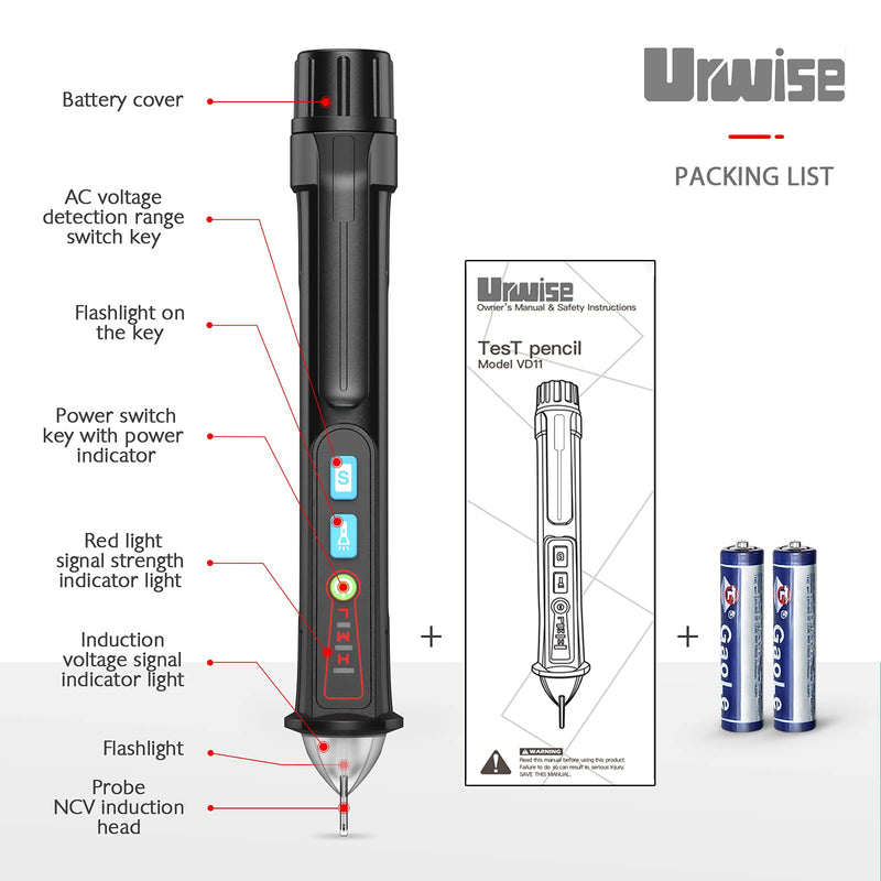 [Australia - AusPower] - Urwise AC Non-Contact Voltage Tester, AC Voltage Detector Pen, Safety Insulators Do Not Transmit Voltage, Live/Null Wire Judgment, Buzzer Alarm, LED Flashlight, 12V/48V~1000V, New 2021-VD12 