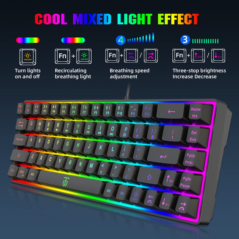 [Australia - AusPower] - Snpurdiri 60% Gaming Keyboard, Rainbow Backlit Mini Keyboard,Built-in Steel Plate, Membrane Keyboard but Super Mechanical Feel for Windows PC Gamers(68 Keys, Black Rainbow) Black(Rainbow) 