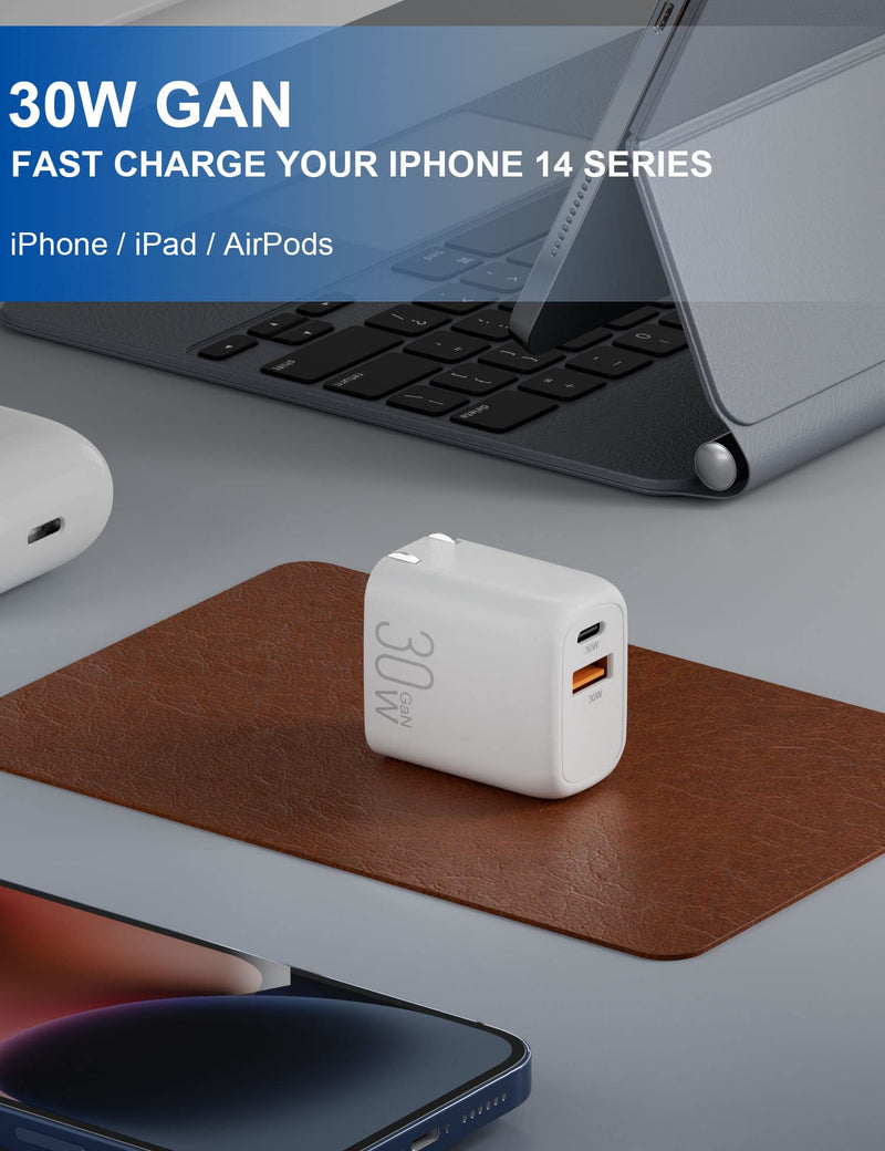 [Australia - AusPower] - ELEGRP USB C GaN 30W Charger Cube, PD Power Delivery Fast Type C Charging Block, USB A Port, Wall Charger with Foldable Plug for iPhone 14/13/12/11, XS/XR/X, iPad, AirPods, Pixel, Galaxy and More 