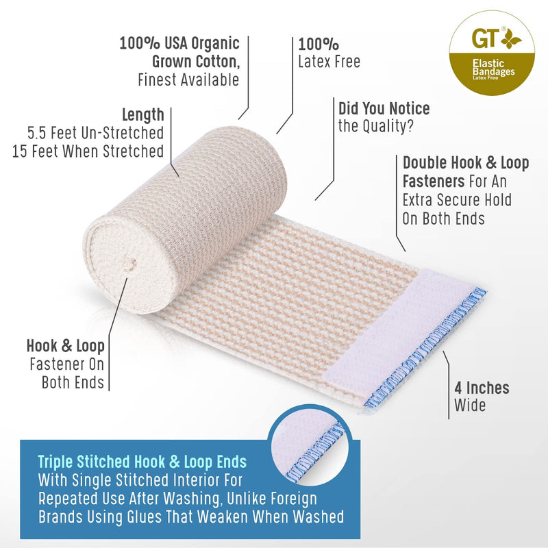 [Australia - AusPower] - Premium Elastic Bandage Wrap made of USA Grown Organic Cotton - Hook & Loop Fasteners at Both Ends - GT Latex Free Hypoallergenic Compression Roll for Sprains & Injuries (4" Wide, 4 Pack) 4" Wide 