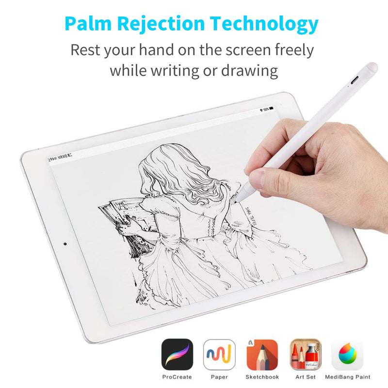 [Australia - AusPower] - iPad Stylus Pen 2018-2020 with Palm Rejection, Active Digital Pencil with 1.0mm Plastic Tip for iPad Stylus Pen 2018-2020 Good for Precise Drawing and Writing, White 