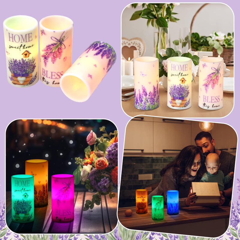 [Australia - AusPower] - Threlaco 3 Pcs Lavender Home Sweet Home LED Candles Farmhouse Spring Purple Butterfly Flameless Candles Bless This Home Candles with Remote for Bedroom Living Room Easter Spring Decor Farmhouse 
