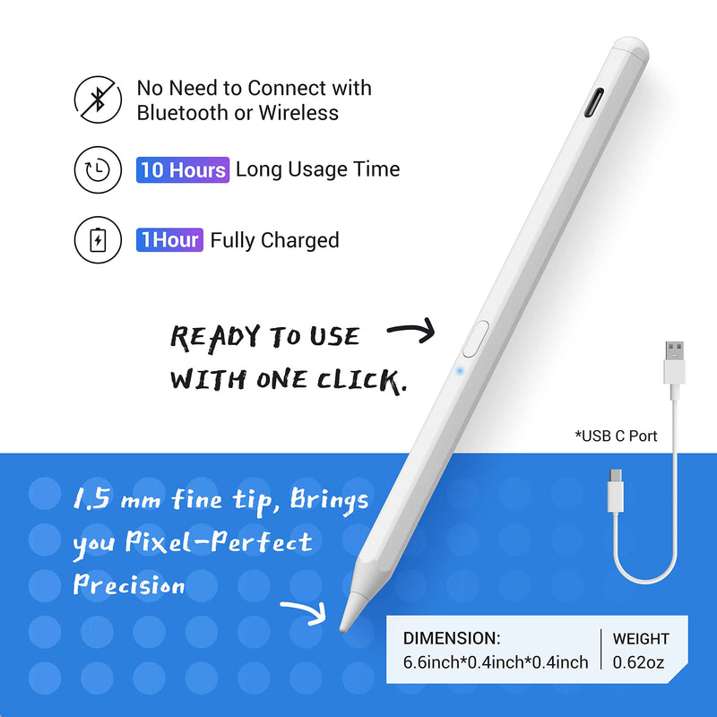[Australia - AusPower] - Tilt Sensitivity Palm Rejection Stylus Pencil for Apple iPad(2018-2021) 6/7/8/9th Generation/ipad Pro 11(1st/2nd)/ Pro 12.9(3rd/4th)/Air 3&4/Mini 5&6, Precise Writing Drawing Active Digital Stylus Pen White 