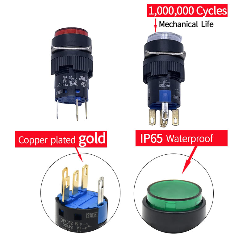 [Australia - AusPower] - 16mm Latching Push Button Switch Round Cap Maintained 0.63" 1NO 1NC SPDT ON/Off with 12v LED Light Waterproof 5 Amps with Wire UL Listed 3 Pcs K16-371 (Green, Latching) Green 