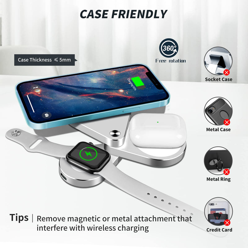 [Australia - AusPower] - 3 in 1 Detachable Magnetic Wireless Charger, 15W Fast Wireless Charging Station for iPhone 13/12, Foldable Wireless Charger Stand Compatible with iWatch SE/6/5/4/3/2 and Airpods Pro/2(Sliver) sliver 